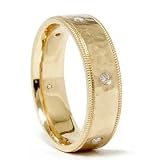 Mens 14kt Genuine Diamond Ring Hammered Finish Wedding Band 14K Yellow Gold