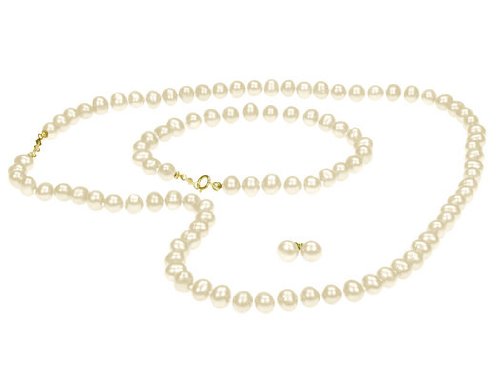 Freshwater White 5.5-6mm Pearl Earring Studs, Necklace, and Bracelet Set with 14K Yellow Gold