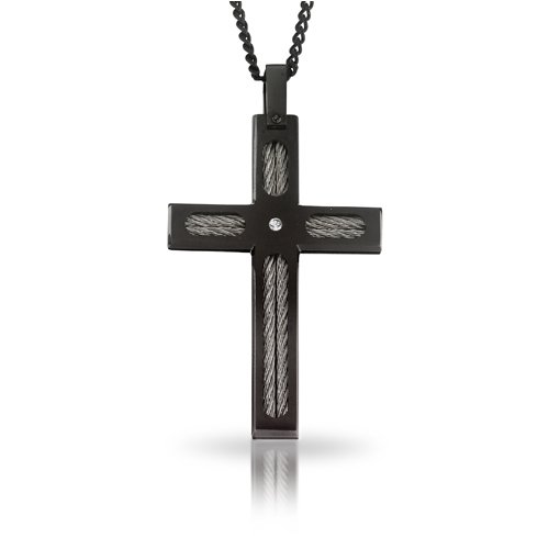 Black Ion Stainless Steel Men's Cross Pendant, Genuine Diamond Accent 