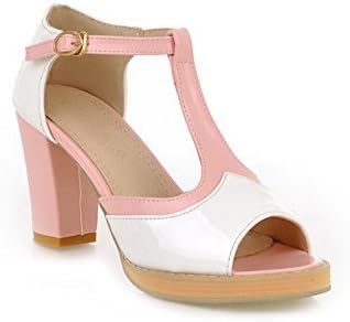 QueenFam Womens Open Peep Toe High Heel Chunky Heels PU Patent Leather Assorted Colors Sandals with Buckle, Pink, 41