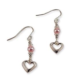 Pink Pearl Earrings with Sterling Silver Heart Dangle