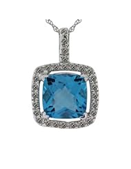 3.58ct Cushion Blue Topaz December Birthstone H-I I1-I2 Diamond Halo Pendant .925 Sterling Silver, 10k or 14k White Gold