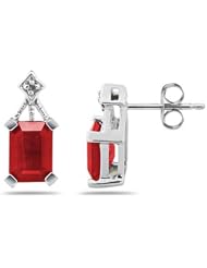 Emerald Cut Ruby & Diamond Earrings in 14K White Gold
