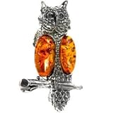Light Honey Color Amber Sterling Silver Wise Owl Brooch