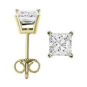 Princess Cut 1.00 carat ct 1 carat Diamond Stud Earrings (H-I Color SI2 Clarity) with Push Back / Friction Back Design in 14k White or Yellow Gold