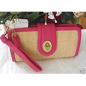 Coach Handbag - Parker Straw Clutch Wallet Bag Natural Pink 42474