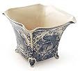 Large Blue Toile Stoneware Planter With Peacock Design For Home And Table Decor