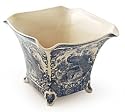 Large Blue Toile Stoneware Planter With Peacock Design For Home And Table Decor