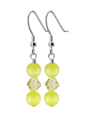 Swarovski Crystal Yellow Cats Eye Beads Sterling Silver Earrings with Fish Hook Back findings