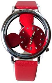 Fashion Mouse Delicate transparent hollow dial leather strap wristwatches quartz watch women mickey (Red)