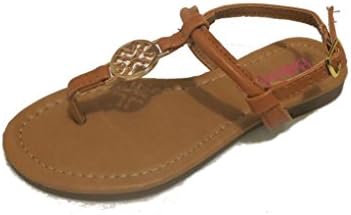 Nichole Simpson Girl's Leather T Strap Thong Gladiator Flat Sandal with Gold Medallion (Sophia 3)