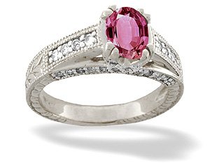 14K White Gold Genuine Oval Pink Tourmaline and Diamond Antique Style Ring