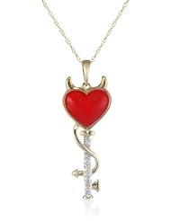 10k Yellow Gold Red Enamel Heart and Devil with Diamonds Key Pendant Necklace (0.03 cttw, I-J Color, I2-I3 Clarity), 18"