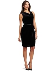 Petite V-neck Polyester/Spandex/Velvet Belted Asymmetric Sleeveless  Dress