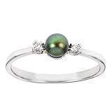 14k White Gold Black Cultured Pearl and Diamond Ring, 4.5mm.