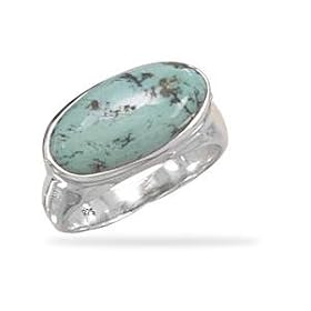 Oval Turquoise East West Side Set Ring Sterling Silver Band
