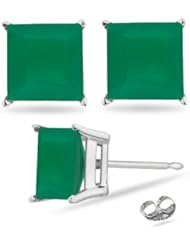 1.10 Cts of 5 mm A Square Step Cut Natural Emerald Stud Earrings in 14K White Gold