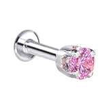 16 Gauge 3/16 Inches -Solid 14KT White Gold 3mm Pink Cubic Zirconia Tragus Earring Body Jewelry Stud