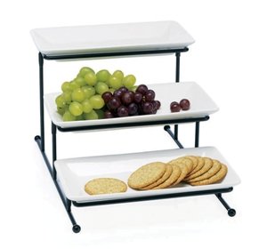 3 Tier Rectangle Server Stand with White Porcelain Plates