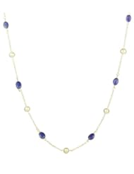 Sterling Silver Chain, Freshwater Pearl and 6 Station Blue Onyx Cabochon Necklace
