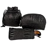 New Gigi Chantal 3pc Black Ruched Cosmetic Set w/ Coin/Make-Up Bag Drawstring Bag Eye Glass Holder