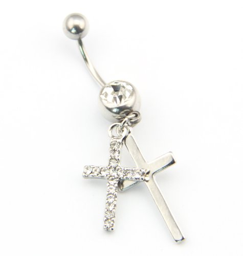 316L Surgical Steel 14 Guage Stainless Steel Double Cross Dangle Body Piercing Belly Barbell Navel Ring Bar Button + Belly Retainer