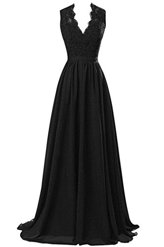 R&J Women's Modest V Neck Open Back Chiffon Long Evening Gown with Lace