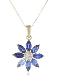 10k Yellow Gold Shades of Created Sapphire and Diamond-Accented Flower Pendant Necklace, 18"
