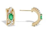 14K Yellow Gold Genuine Oval Emerald and Diamond Hoop Earrings