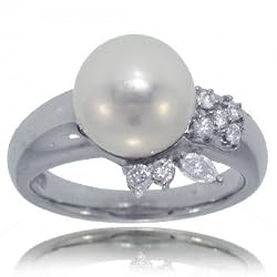 9.25mm South Sea Cultured White Pearl Ring Ladies Jewelry in Platinum