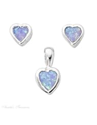 Sterling Silver Imitation Opal Heart Post Earrings Pendant Set