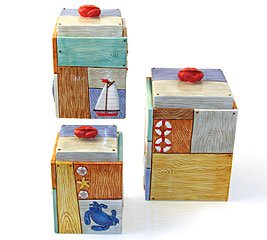 Set Of 3 Nantucket Nautical/Boat Design Canister Set For Beach, Nautical Kitchen Decor Designed By Artist Paul Brent