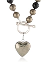 10-10.5Mm Pyrite and Black Agate Accented with Sterling Silver Beads, Removable Heart Shape Pendant Necklace, 18"
