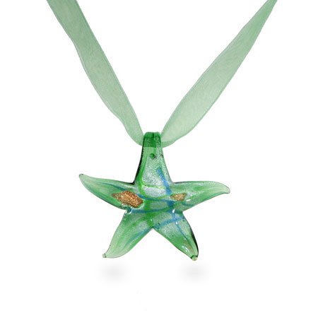 Eve's Addiction Green Murano Glass Large Starfish Pendant with Green Ribbon