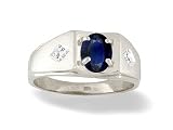 14K White Gold Genuine Oval Sapphire and Diamond Men's Ring