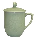 Celadon covered coffee / tea mugs - flower design, set of 2