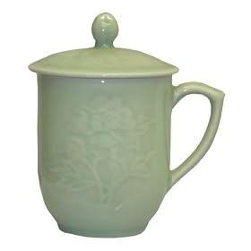 Celadon covered coffee tea mugs - flower design, set of 2 by Reorient