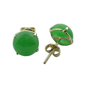 Green Jade Four Pronged Round Stud Earrings, 14k Gold by 