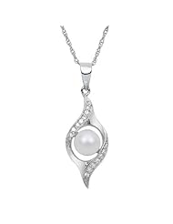 White Akoya Pearl and Cubic Zirconia Leaf Sterling Silver Pendant with 18" Necklace