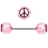 Pink Glitter Black Peace Sign Barbell Tongue Ring