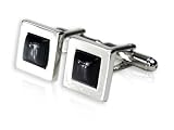Classic Dark Charcoal Gray Solitaire Catseye Cufflinks in Silver Frame with Presentation Box