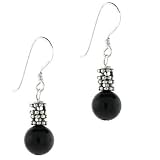 Silver Cabochon Black Genuine Onyx Bead Earrings