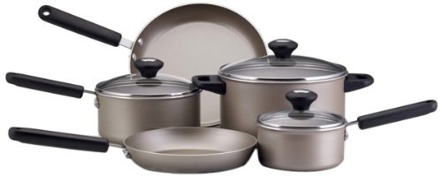 Farberware Premium Aluminum Nonstick 10 Piece Cookware Set with Black Handles, Platinum
