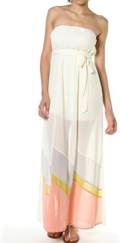 Pinkclubwear Strapless Belted High Waist Color Block Long Maxi Dress-Cream-Medium