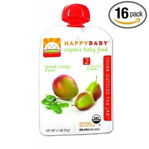 HAPPYBABY Organic Baby Food, Stage 2, Spinach, Mango & Pear, 16 - 3.5 Ounce Pouchs ( Value Bulk Multi-pack)