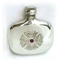 Pewter hip flask - Celtic design 4 oz with amethyst jewel and pouch