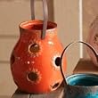 Orange Ceramic Lantern with Handle and Flameless Candle