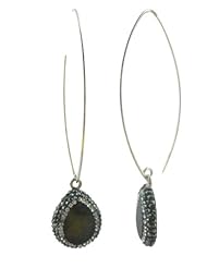Sterling Silver Long Hook Earrings Hanging Teadrop With Labradorite, Hematite and Swarovski Crystals