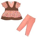 Girls 2 Piece Dress Set with Leggings, Pink Print Dress with Brown Trim and Pink Leggings, Size 12 Months