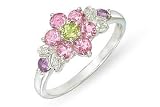 1 Carat Pink Tourmaline, Peridot, Amethyst and Diamond 14K White Gold Floral Ring